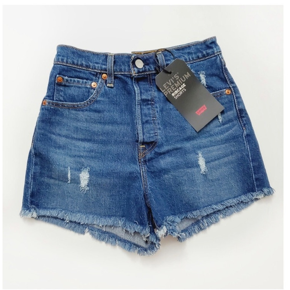 Levi's Distressed High Waist Denim Shorts - Blue